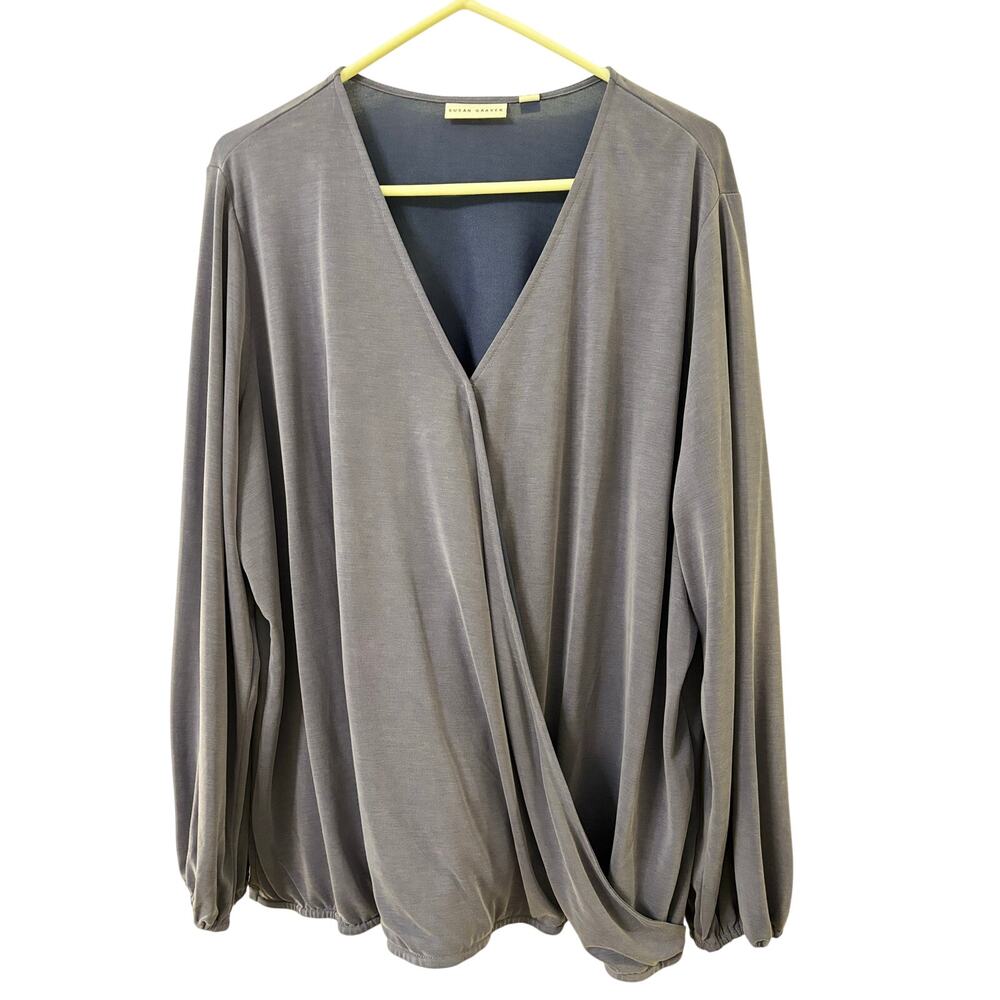 Susan Graver 2X Blue Sand Washed Surplice Wrap Top Long Sleeve Plus Size NEW